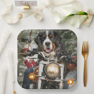 Greater Swiss Mountain Riding Motorcycle Christmas Paper Plate