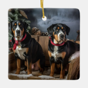 Greater Swiss Mountain Snowy Sleigh Christmas  Ceramic Ornament
