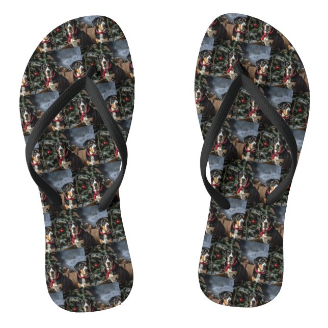 Greater Swiss Mountain Snowy Sleigh Christmas  Flip Flops (Footbed)