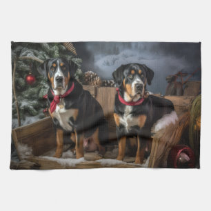 Greater Swiss Mountain Snowy Sleigh Christmas  Kitchen Towel