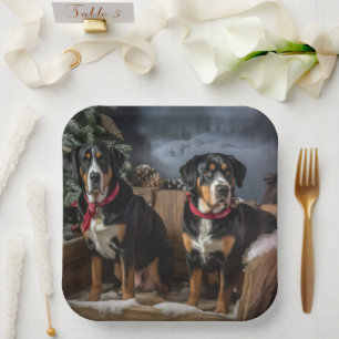 Greater Swiss Mountain Snowy Sleigh Christmas  Paper Plate