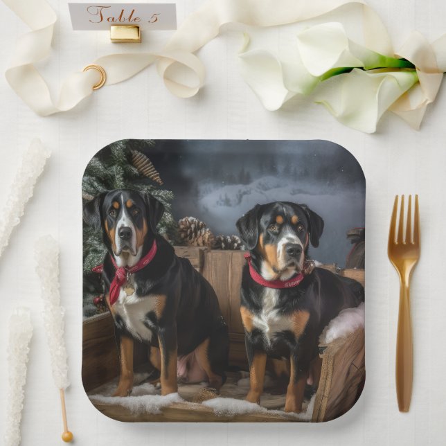 Greater Swiss Mountain Snowy Sleigh Christmas  Paper Plate (Wedding)