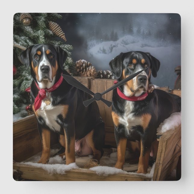 Greater Swiss Mountain Snowy Sleigh Christmas  Square Wall Clock (Front)