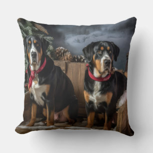 Greater Swiss Mountain Snowy Sleigh Christmas  Throw Pillow