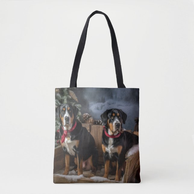 Greater Swiss Mountain Snowy Sleigh Christmas  Tote Bag (Front)