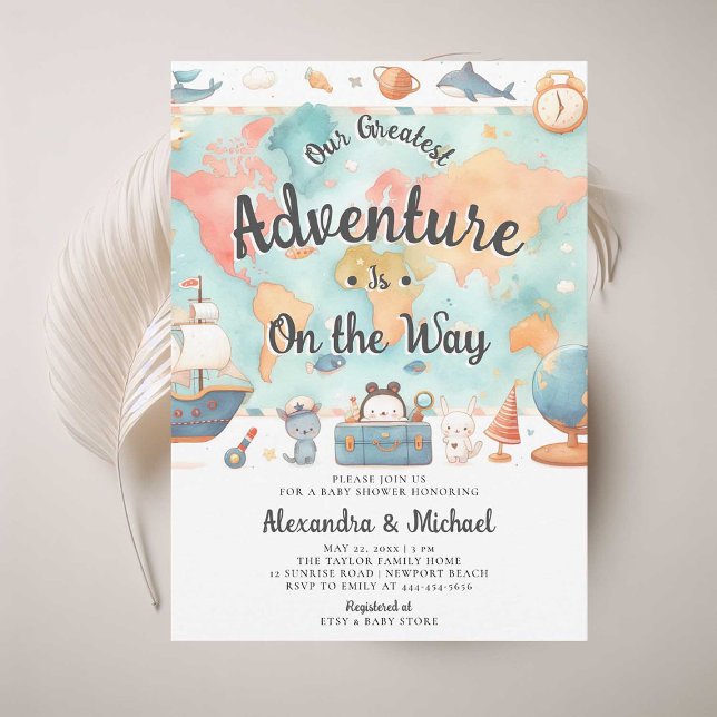 Greatest Adventure Couples Neutral Baby Shower Invitation (adventure couples baby shower invitation cute world map watercolor coed gender neutral cute adorable)