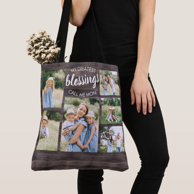 Greatest Blessings Mom Quote 6 Photo Rustic Brown Tote Bag (Close Up)