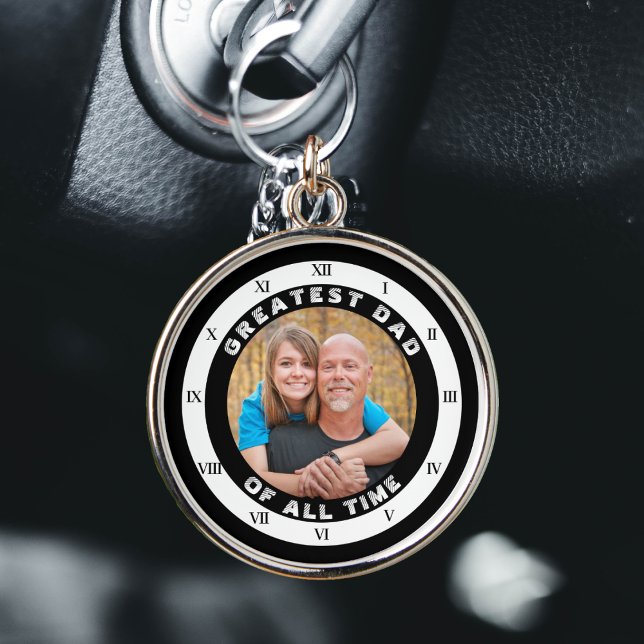 Greatest Dad of All Time GOAT Clock Family Photo Keychain (greatest dad of all time roman numeral clock round silver keychain)