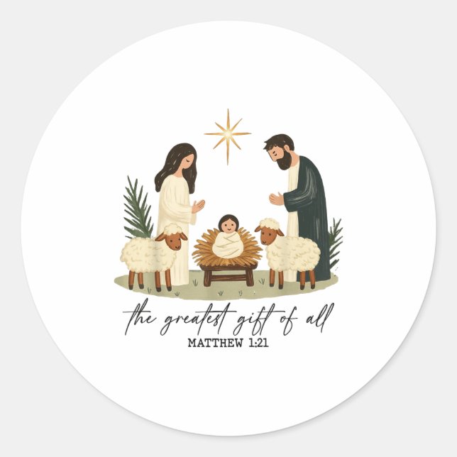 Greatest Gift Of All Nativity Scene Christian Chri Classic Round Sticker (Front)