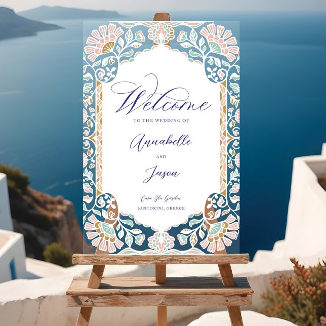 Grèce Blue Floral Ornate Frame Mariage Bienvenue (Greece Blue Floral Ornate Frame Wedding Welcome Acrylic Sign
)