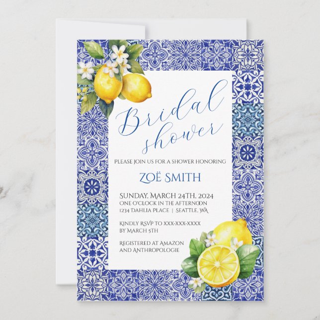 Grecian Blue and Lemon Bridal Shower Invitation (Front)