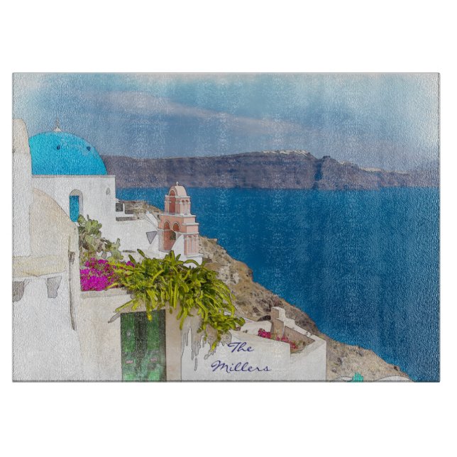 Grecian Paradise. Watercolor painting of Santorini Cutting Board (Front)