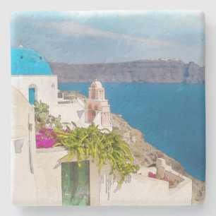 Grecian Paradise. Watercolor painting of Santorini Stone Coaster