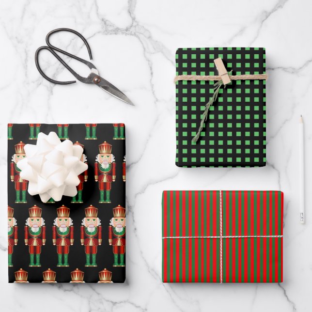 Gree and Gold Christmas Nutcrackers Wrapping Paper (Front)