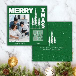 Greeb & White Merry Xmas QR Code Square Business Card