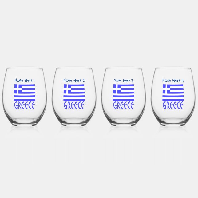 Greece and Greek Flag Blue Personalization  Stemless Wine Glass (Front)