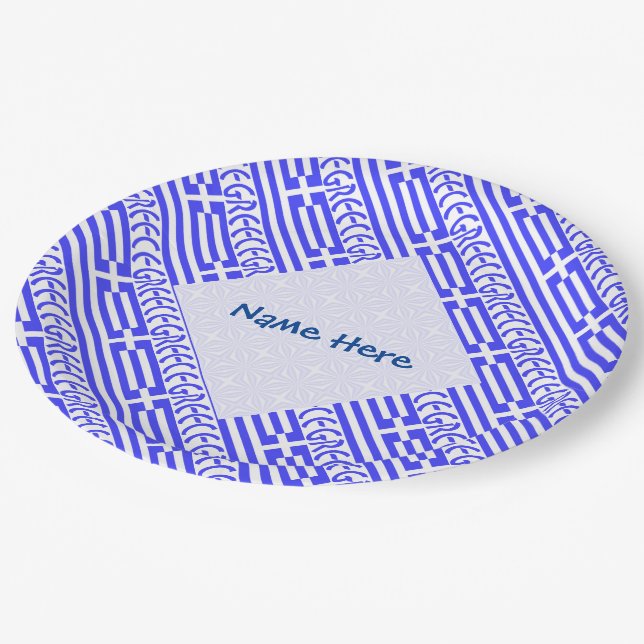 Greece and Greek Flag Tiled Blue Personalization  Paper Plate (Angled)