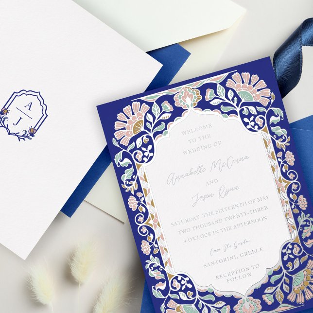 Greece Architecture Floral Decorate Frame Wedding (Greece Architecture Floral Decorate Frame Wedding Foil Invitation)