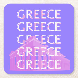 Greece, Athens Travel Art, Retro Travel Art Square Paper Coaster