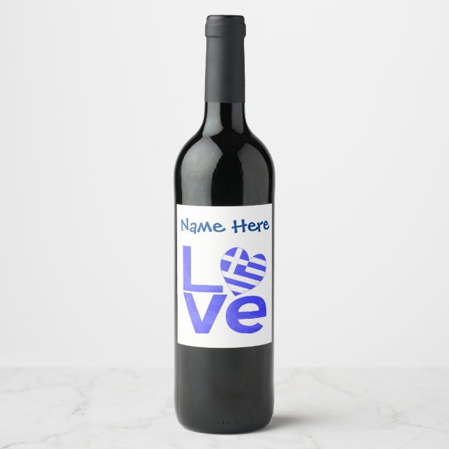 Greece Blue LOVE Heart Flag Personalized  Wine Label (Front)