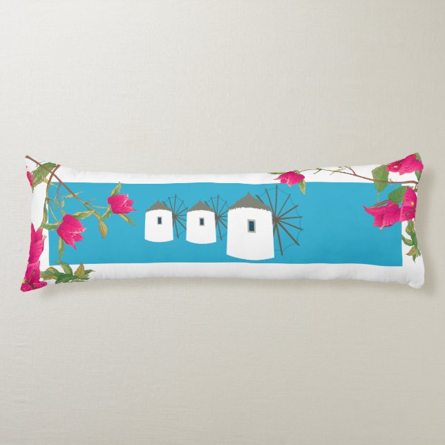 Greece Bougainvillea Greek Island Windmills Body Pillow (Front)