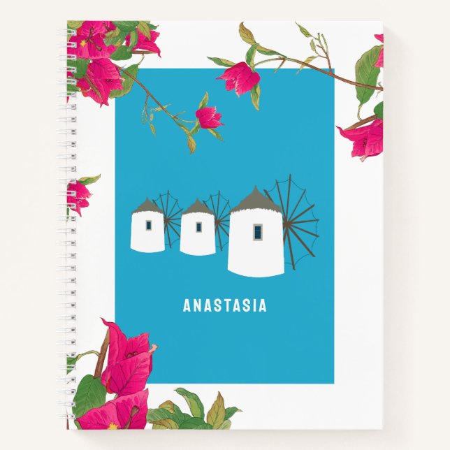 Greece Bougainvillea Greek Island Windmills Name Notebook (Front)