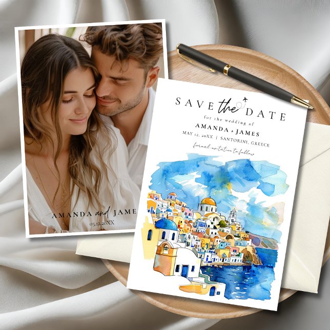 Greece Destination Wedding Photo Save the Date Invitation (Elegant Santorini wedding save the date card with custom couple photo and watercolor illustration)
