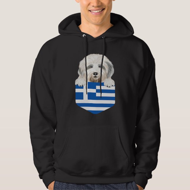 Greece Flag Old English Sheepdog Dog In Pocket Hoodie (Front)