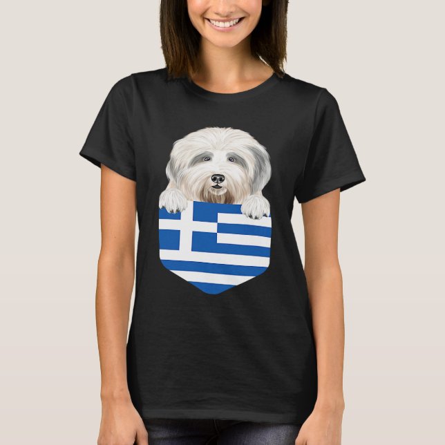 Greece Flag Old English Sheepdog Dog In Pocket T-Shirt (Front)