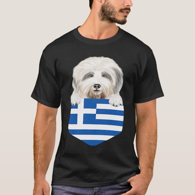 Greece Flag Old English Sheepdog Dog In Pocket T-Shirt (Front)