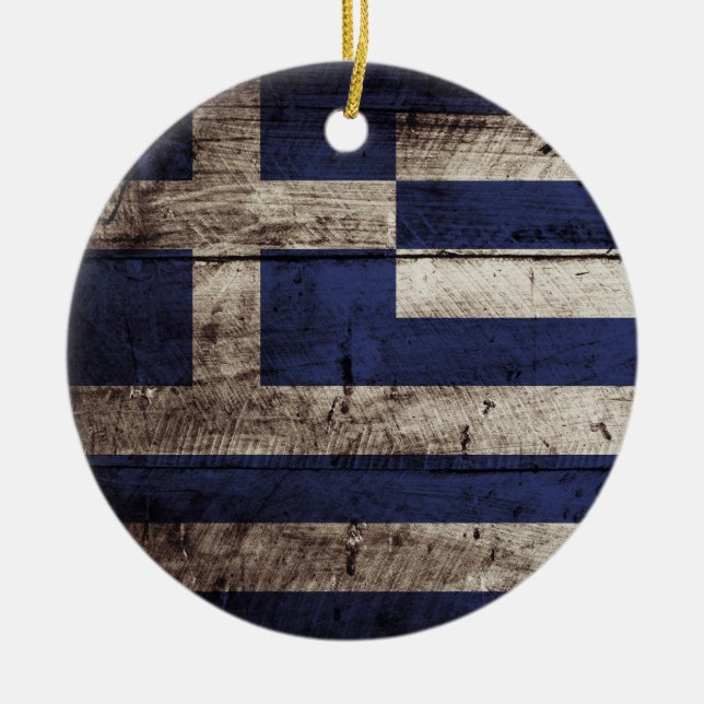 Greece Flag on Old Wood Grain Ceramic Ornament (Front)