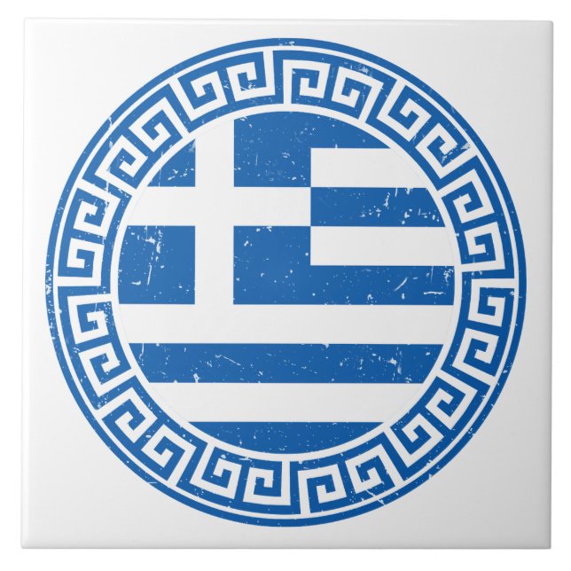 Greece Flag With Greek Key Pattern Ceramic Tile (Front)