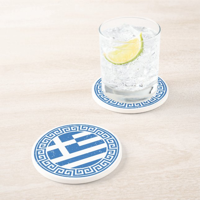 Greece Flag With Greek Key Pattern Coaster (Side)