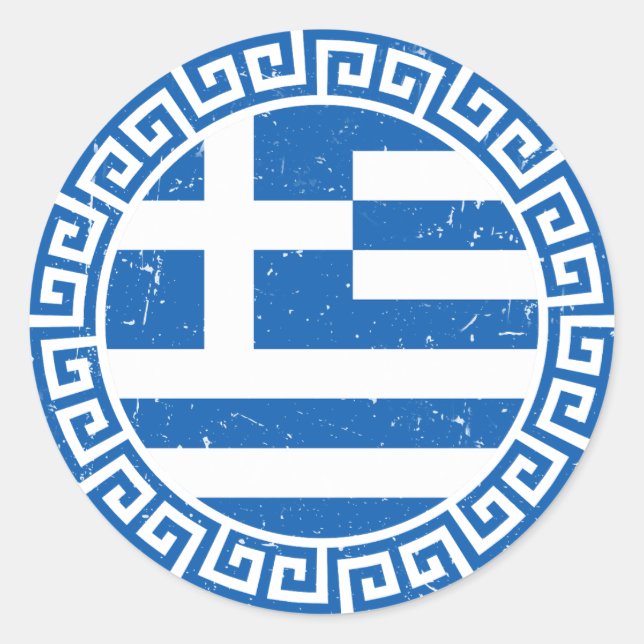 Greece Flag With Greek Key Pattern Distressed Classic Round Sticker (Front)