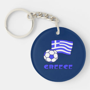 Greece Greek Flag with Soccer Ball Blue Background Keychain