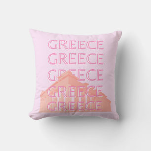 Greece, Greek Travel Art, Pastel Travel Art, Pink Throw Pillow