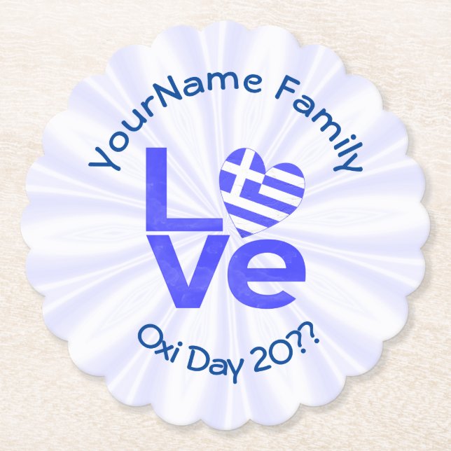 Greece Heart Flag Blue LOVE Personalized  Paper Coaster (Front)