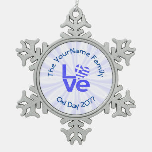 Greece Heart Flag Blue LOVE Personalized Snowflake Pewter Christmas Ornament