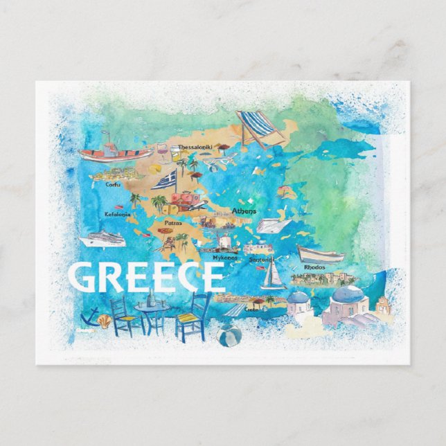 Greece Illustrated Travel Map with Landmarks  Postcard (Front)