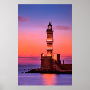 Greece Lighthouse at Night Poster
