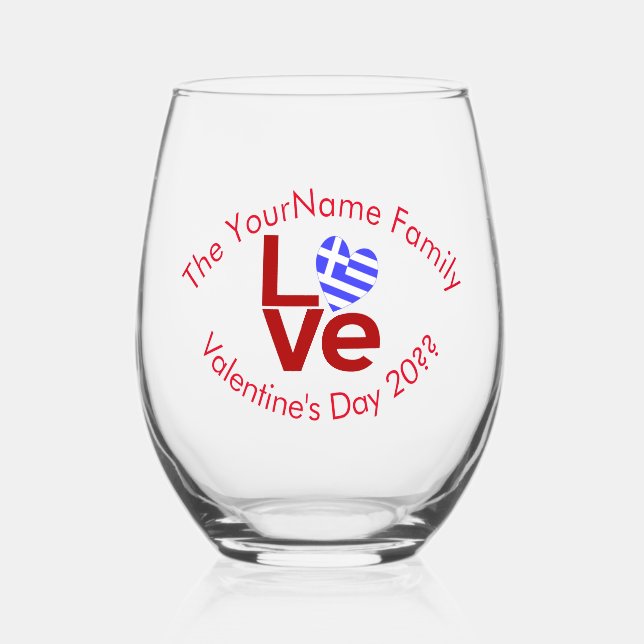 Greece LOVE Heart Flag Red Personalized Stemless Wine Glass (Front)