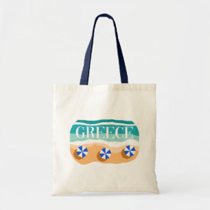 Greece: Sandy Beach with Blue Umbrellas And Waves Tote Bag