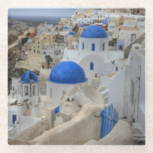 Greece, Santorini. Bell tower and blue domes Glass Coaster