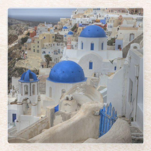 Greece, Santorini. Bell tower and blue domes Glass Coaster (Front)