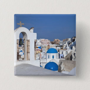 Greece, Santorini. Bell tower and blue domes of 2 Inch Square Button