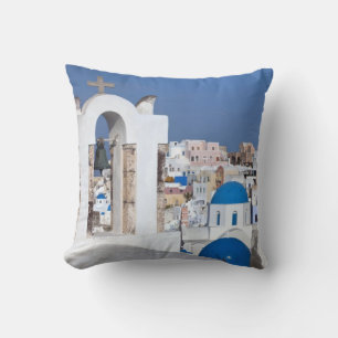 Greece, Santorini. Bell tower and blue domes of 2 Throw Pillow