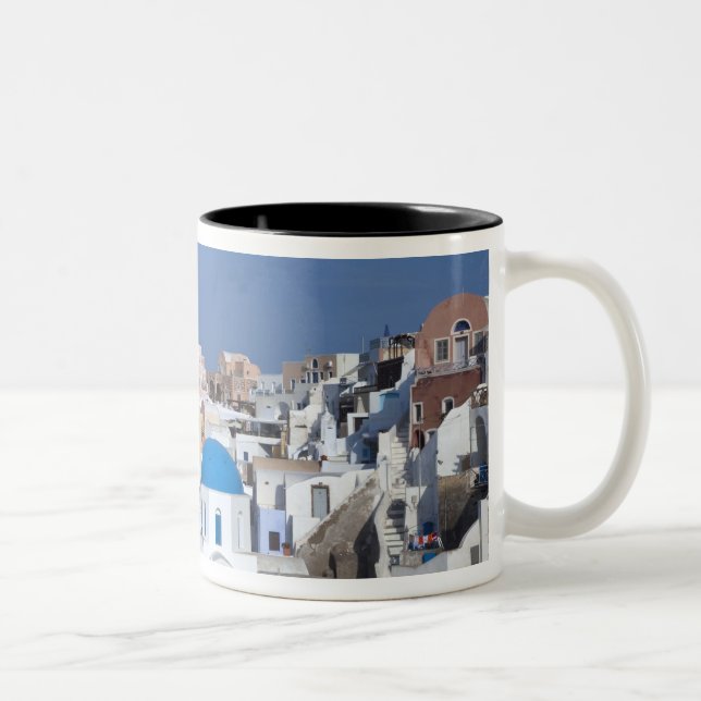 Greece, Santorini. Bell tower and blue domes of 2 Two-Tone Coffee Mug (Right)