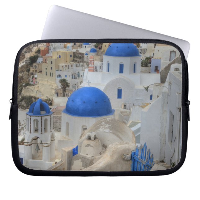 Greece, Santorini. Bell tower and blue domes of 3 Laptop Sleeve (Front)