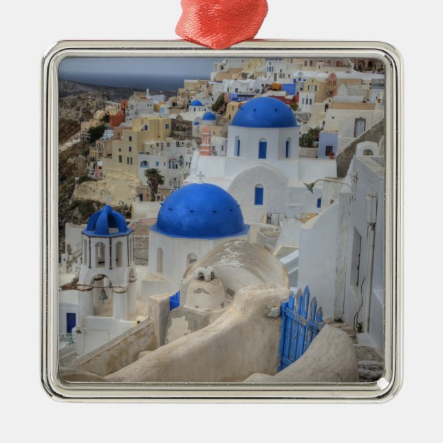 Greece, Santorini. Bell tower and blue domes of 3 Metal Ornament (Front)