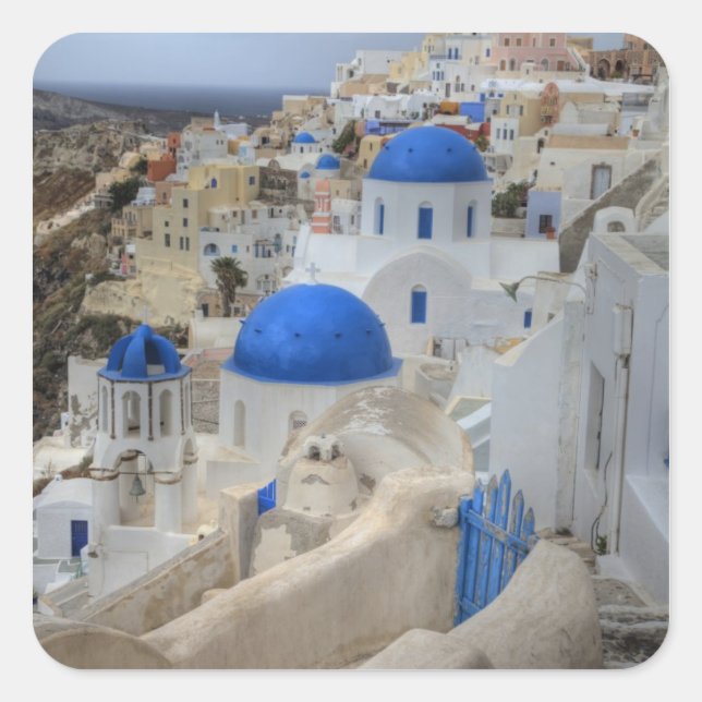 Greece, Santorini. Bell tower and blue domes of 3 Square Sticker (Front)